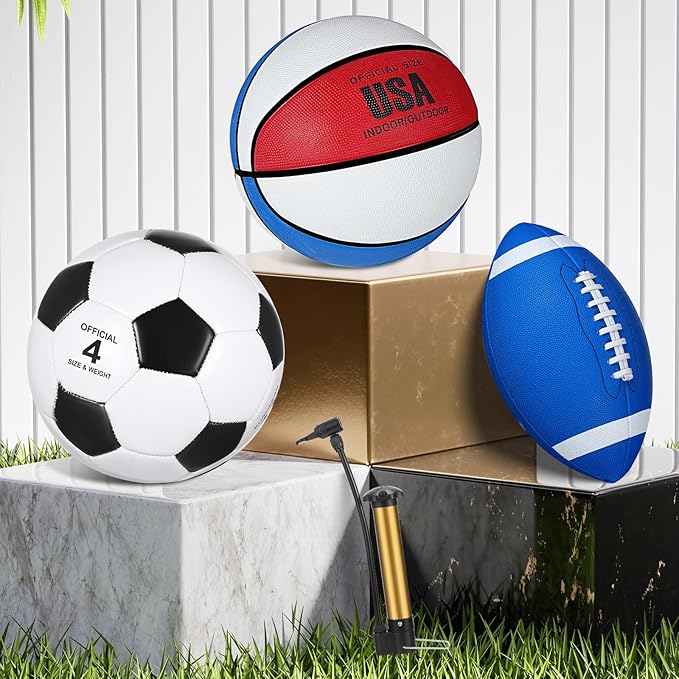 Libima 3 Pcs Sports Ball Set for Kids Teens Include Official Size 5 Basketball 4 Soccer 6 Football with Pump and Carry Bag Training Practice Sport Gift for Kids Teens Back to School