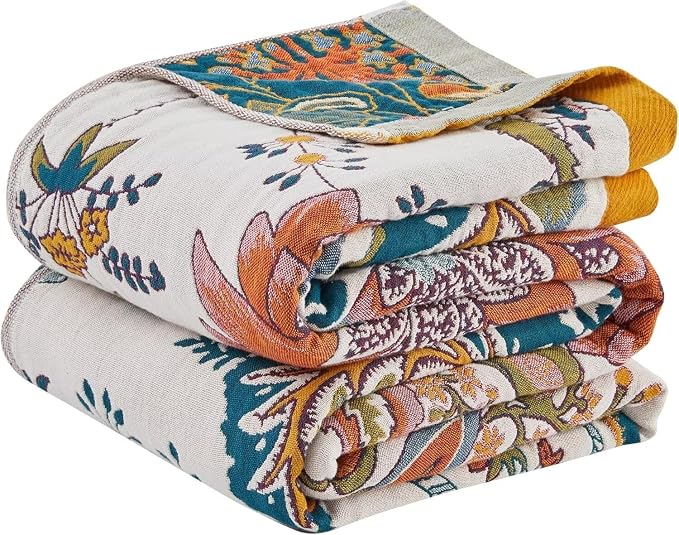 Boho Throw Blanket Farmhouse Decor Throw Blanket Bohemian Blanket for Bed 100% Cotton Muslin Woven Couch Blanket All Seasons Quilt Bedroom (J-Beige, 50"x60")