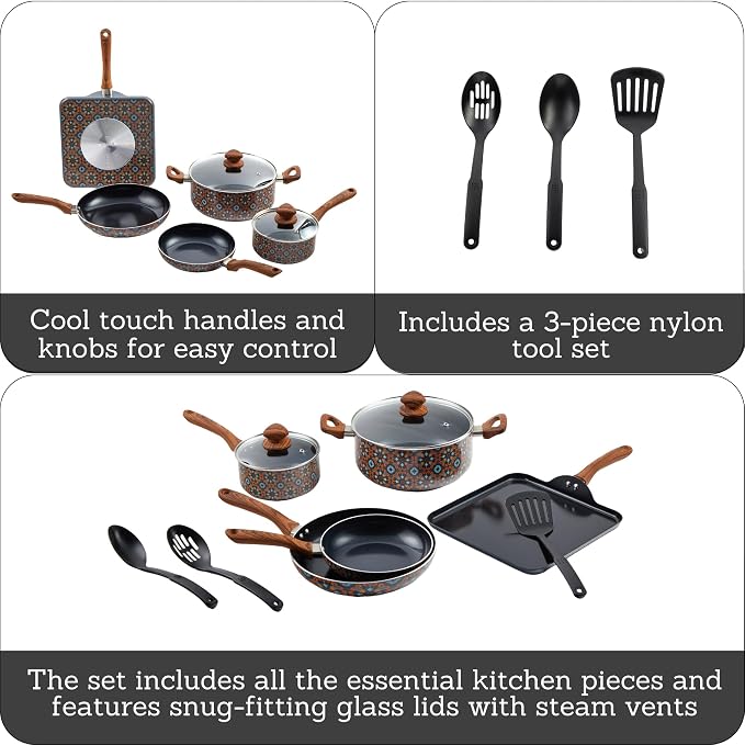 IMUSA 10 Piece Talavera Aluminum Black Ceramic Cookware Set | Black Ceramic Nonstick Coating, Cool-Touch Handles and Glass Lid, Ideal for Mexican Dishes, Great for Gifting