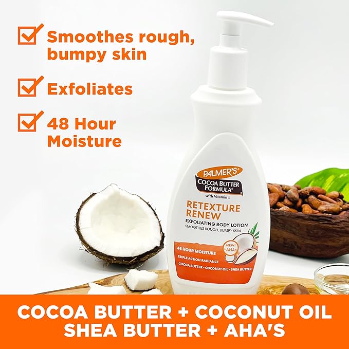 Palmer's Cocoa Butter Formula Retexture & Renew Exfoliating Body Lotion for Rough & Bumpy Skin, Triple Action Moisturizers + AHAs, Pump Bottle, 13.5 Ounce (Pack of 2)