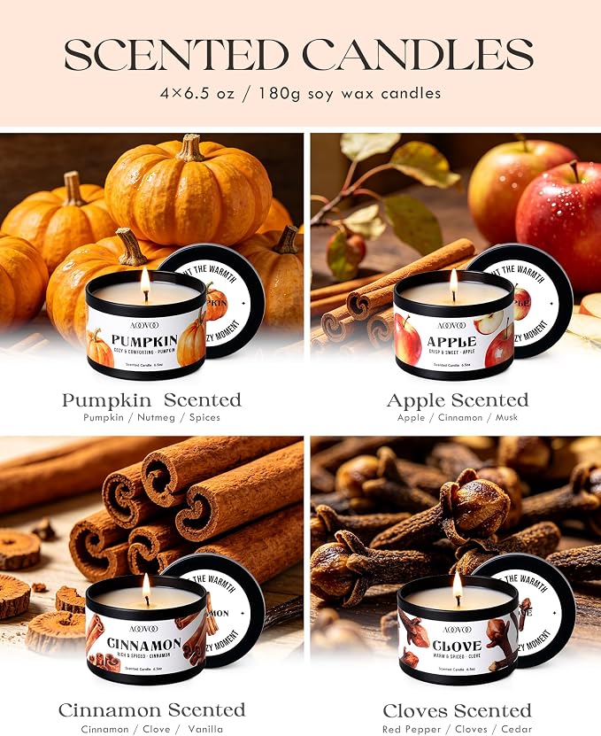 AOOVOO Fall Candle Set - 4 Pack Scented Candles for Home, 26oz up to 200 Hours Long Lasting, Pumpkin/Apple Cinnamon/Clove Cinnamon/Cinnamon Candles Gift Autumn Fragrance Decor