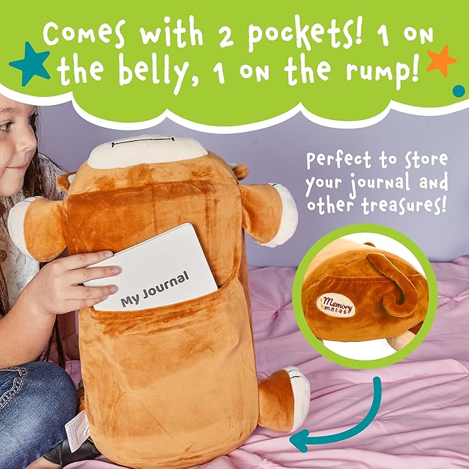 Cuddly Memory Foam Pillow Plush with Belly Pocket, Kids Pillow for Hugging Sleeping & Storing Diary, 15” Stuffed Animal & Journal Set - Jesi The Monkey