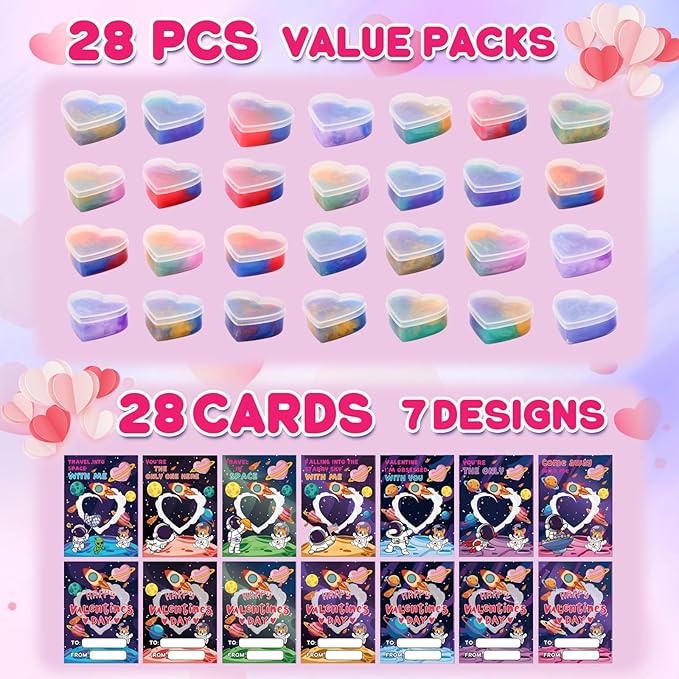 28 Pack Valentines Day Cards for Kids School - Galaxy Slime Stress Relief Fidget Toys, Perfect Classroom Exchange Gifts & School Party Favors, Kids Valentines Day Gifts for School Classroom