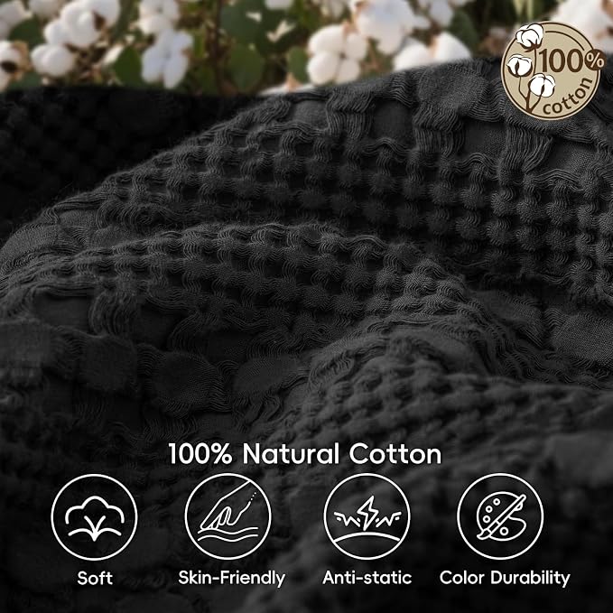 PHF 100% Cotton Waffle Weave Blanket King Size, Lightweight Breathable Summer Blanket for Hot Sleepers, Pre-Washed Soft Layer for Bed, Couch, Home Decor Gift, 108"x90", Black