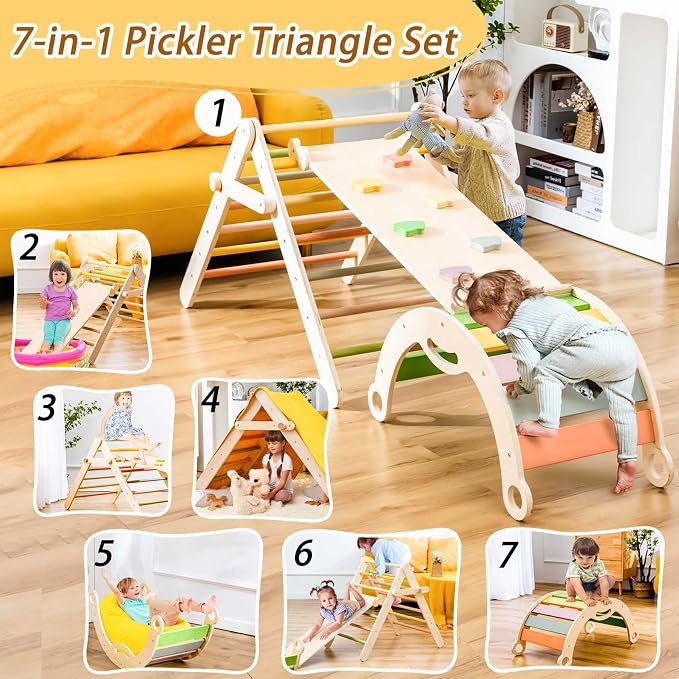 deli 7 in 1 Pikler Triangle Set, Large Size Toddler Climbing Triangle Set, Wooden Baby Jungle Gym Indoor, Foldable Montessori Climbing Set with Ramp, Arch & Climbing Triangle