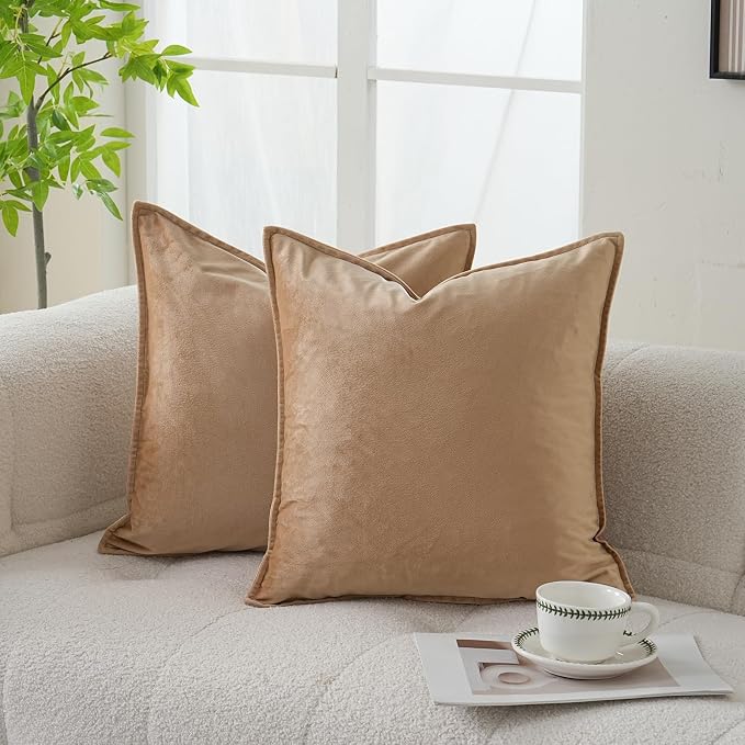 JIAHANNHA Velvet Khaki Throw Pillow Covers 16”x16”Pack of 2 Soft Decorative | Square Cushion Covers for Couch Sofa Bed Livingroom Car Home Decor,40x40Cm