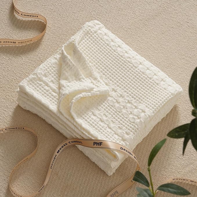 PHF 100% Cotton Waffle Weave Throw Blanket, Lightweight Breathable Summer Blanket for Couch Sofa, Pre-Washed Soft Throws for Bed, Office, Travel & Stylish Home Decor, 50"x60", Ivory