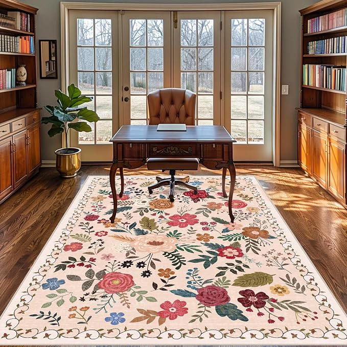 6x9 Area Rugs for Living Room Clearance Washable Boho Area Rug, Vintage Floral Non Slip Low Pile Large Rug for Living Room, Bedroom, Dining Room, Farmhouse (6 x 9 Beige Red)