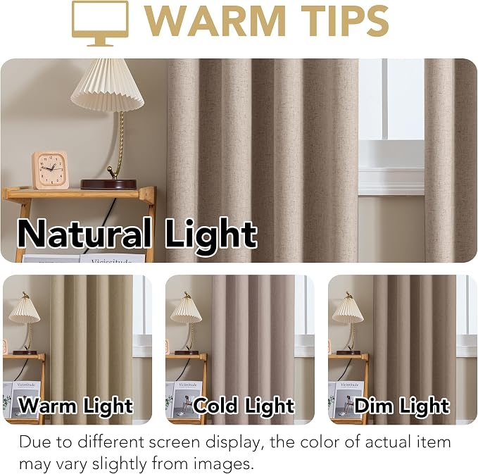 H.VERSAILTEX Linen Curtains 100% Blackout Curtains for Bedroom 90 inch Long Full Light Blocking Nature Linen Blended Window Curtains for Living Room Nickel Grommet (2 Panels, Heathered Sand)