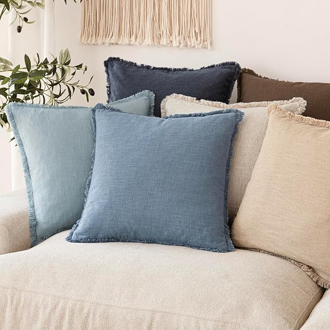 Foindtower Set of 2 Decorative Linen Fringe Throw Pillow Covers Cozy Boho Farmhouse Cushion Cover with Tassels Soft Accent Pillowcase for Couch Sofa Bed Living Room Home Decor, 18×18 Inch, Misty Blue