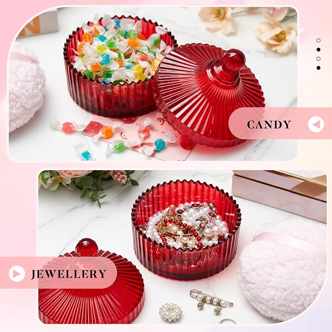 Tioncy 2 Pcs Extra Large Dusting Powder Puff and Container for Women-6'' Glass Crystal Dusting Powder Container with Body Soft Washable Reusable Velour Face(Red,Classic)