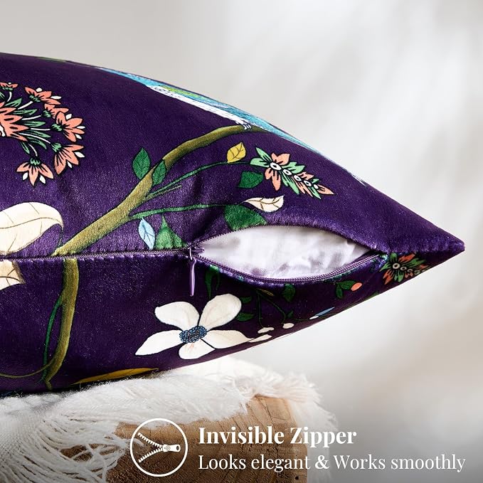 MUSSEL Purple Velvet Floral Decorative 20x20 Pillow Covers Set of 2 | Durable Sturdy,Botanical Printed Pattern,Throw Pillows Case,Square,Colorful Mid Century Cushion Covers,Sofa Couch Decor