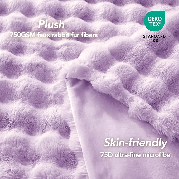 L'AGRATY Faux Rabbit Fur Throw Blanket for Couch, 60'' x 80'', Purple | Soft Cozy Bubble Fluffy Blanket for Sofa Bed, Thick Warm Plush Fuzzy Throw for Room Home Decor, Luxury Gift for Women Mom