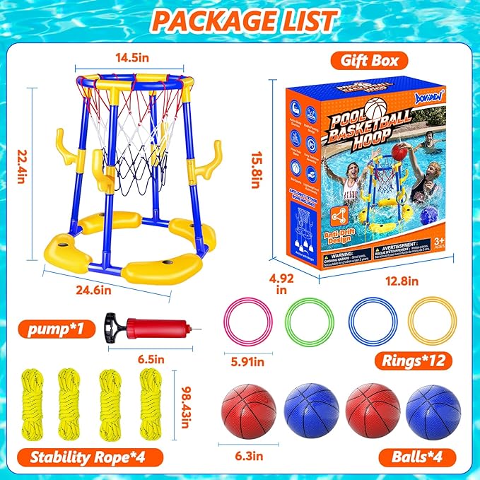Pool Basketball Hoop Floating with Anti-Tip & Anti-Drift Design, Basketball & Ring Toss Pool Toys for Kids Ages 4-8, 8-12, Summer Outdoor Water Toys Pool Games for Adults and Family