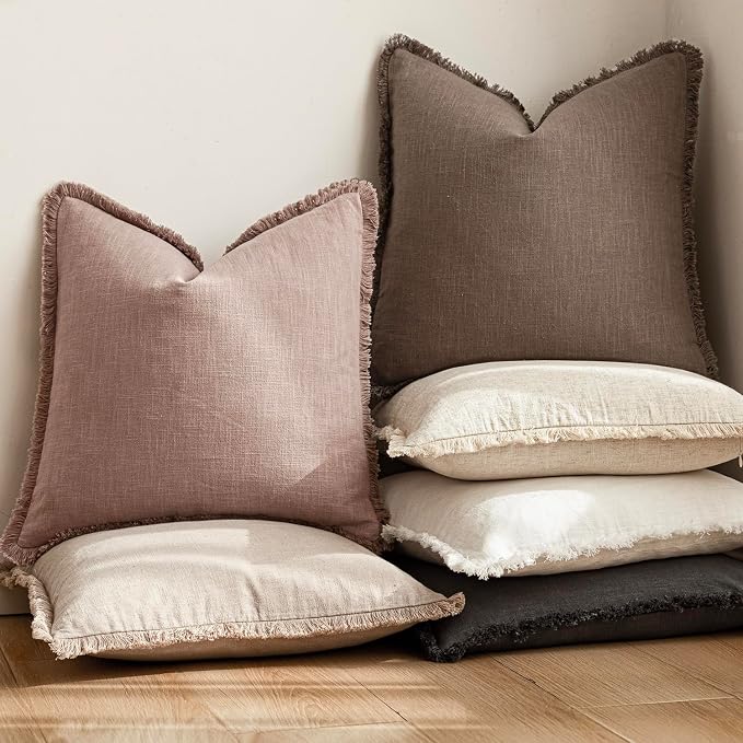 Foindtower Set of 2 Decorative Linen Fringe Throw Pillow Covers Cozy Boho Farmhouse Cushion Cover with Tassels Accent Pillowcase for Couch Sofa Bed Living Room Home Decor,26×26 Inch,Dusty Pink