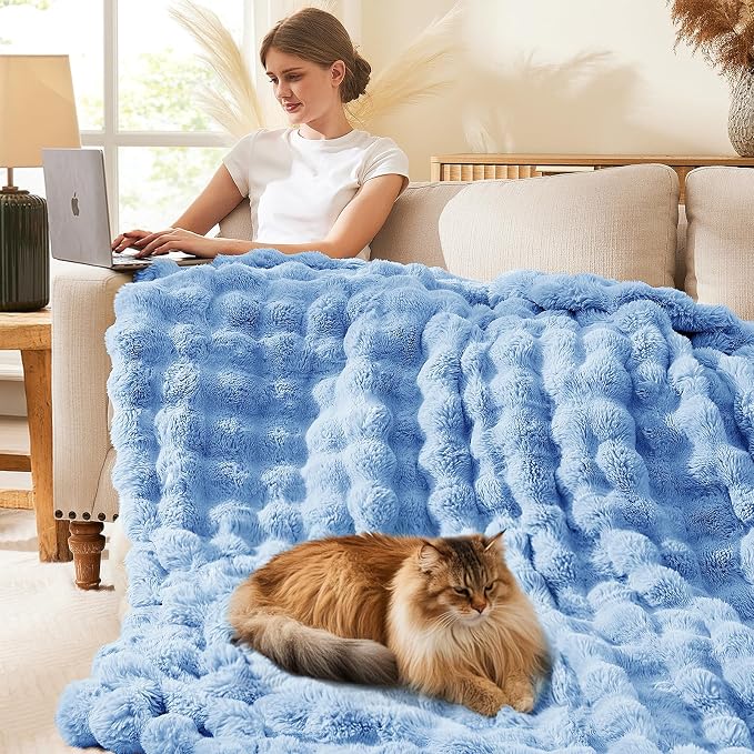 L'AGRATY Faux Rabbit Fur Throw Blanket for Couch, 60'' x 80'', Airy Blue | Soft Cozy Bubble Fluffy Blanket for Sofa Bed, Thick Warm Plush Fuzzy Throw for Room Home Decor, Luxury Gift for Women Mom