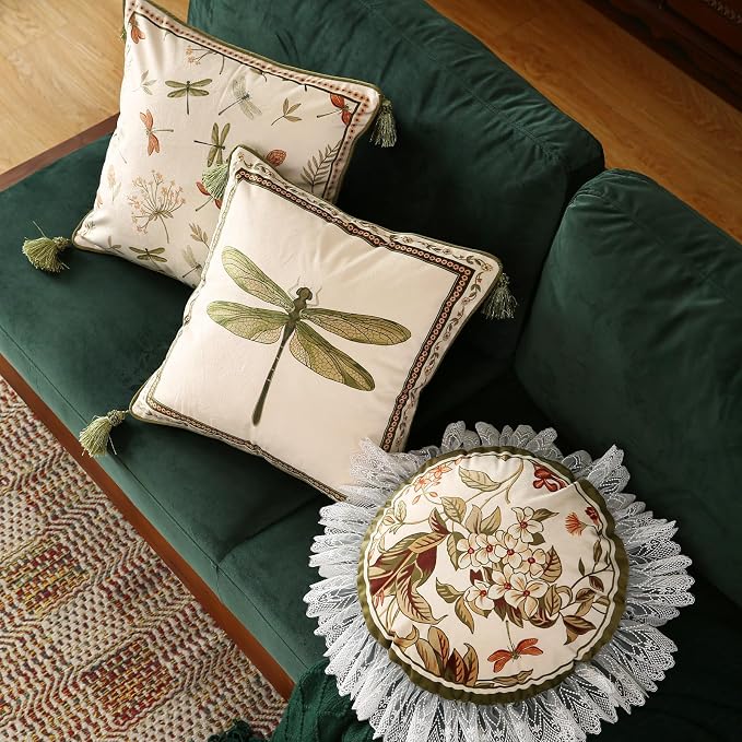 Designer Vintage French Velvet Throw Pillow Cover,18"x18"-Grace C | Pillow Cover,Concealed Zipper Design,Dragonfly Pattern,Sofas,Bedroom,Living Room,Lounge Chairs,All Season Home Decor