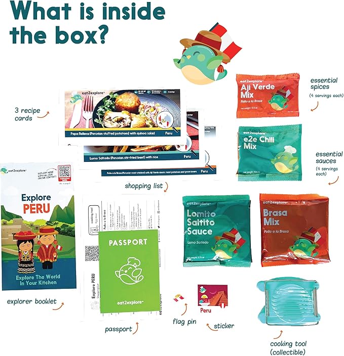 Cooking Kits for Kids - Interactive & Educational Set with 3 Recipe Cards, Key Ingredients & Cooking Tools - Ideal Idea for Kids who Love to Create Meals (Peru Edition)