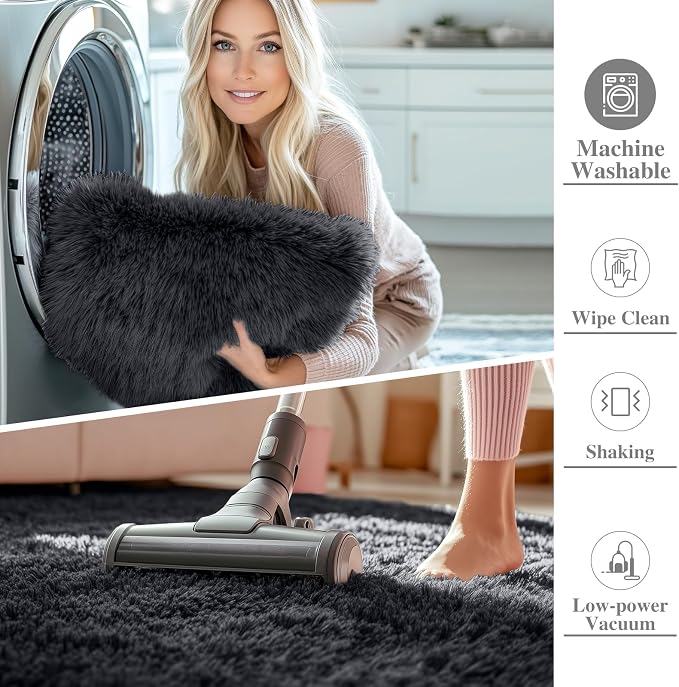 OLANLY 5x5 Area Rugs for Living Room Bedroom, Machine Washable Soft Fluffy Shaggy Bedside Rug, Indoor Floor Carpet for Kids Girls and Boys, Dorms, Nursery Rooms, Home Decor Aesthetic, Black