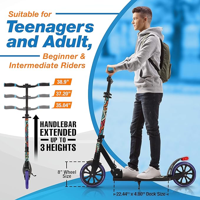 SereneLife Two Wheel Scooter for Teens, Smooth Gliding Kick Scooter for Adults w/Adjustable Height for Ages 8+, Portable All Terrain Scooter w/Carry Straps, Easy to Fold