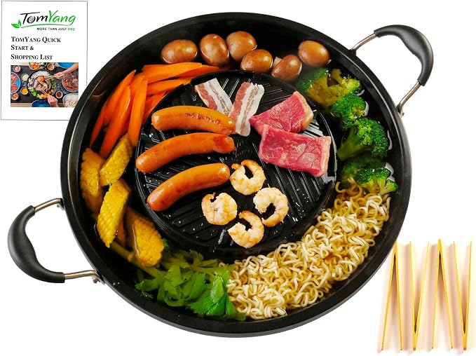 TomYang Stovetop Korean BBQ, Korean Bbq Grill Pan, 13 inch, Camping Pan, Non-stick Coating, More than 100 Recipe Videos, KBBQ pan, 4 x Bamboo tongs, Dishwasher, Grill Pan, Korean food
