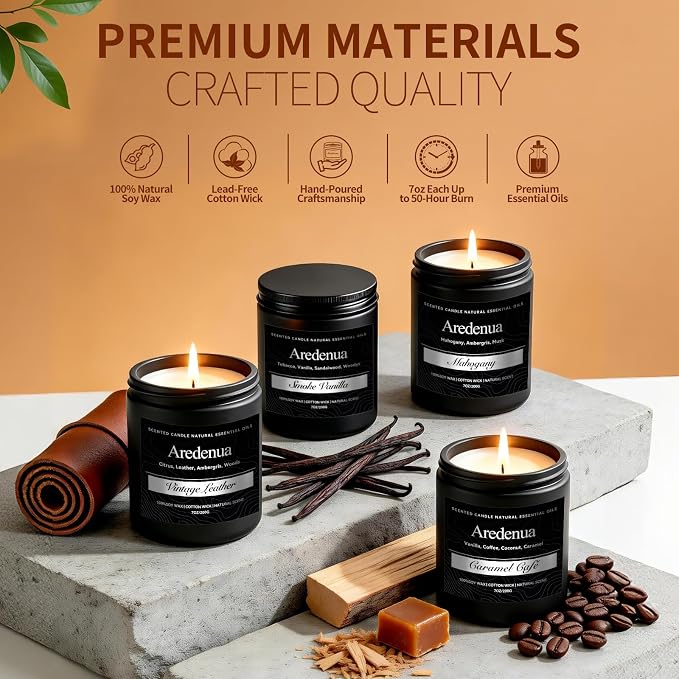 Men’s Candle Set for Men, 4 Pack Masculine Scented Candles – Vintage Leather, Smoke & Vanilla, Mahogany, Caramel Coffee – Soy Candles for Home, Gentlemen Candle Aromatherapy Gift for Him