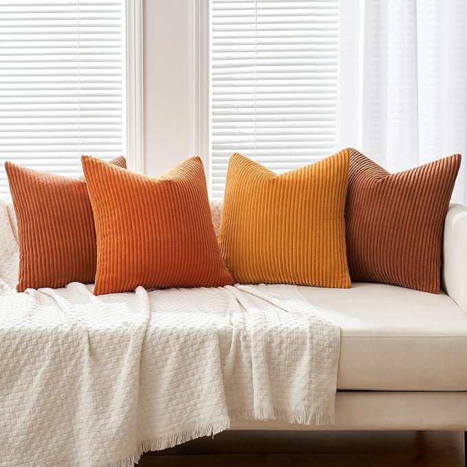 MIULEE Fall Corduroy Decorative Throw Pillow Covers Orange Rust 18x18 | Set of 4, Vintage Retro Fall Decor, Autumn Harvest Collection, Boho Farmhouse Cushion Covers for Couch Bed Sofa Living Room