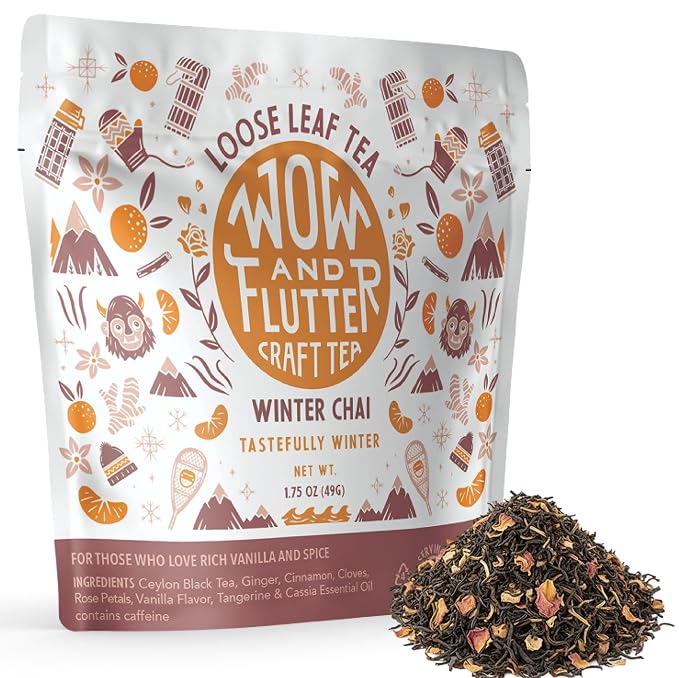 Wow and Flutter Winter Chai Loose Leaf Black Tea | Caffeinated Spiced Blend with Ginger, Cinnamon, Cloves, Vanilla & Rose | Bright Citrus Finish, Cozy At-Home Chai Lattes – 1.75 oz Pouch