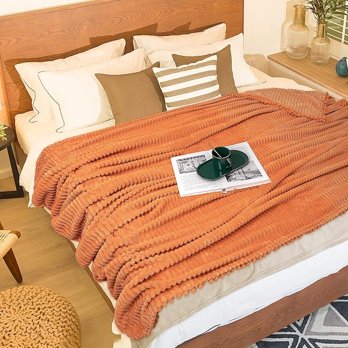 DISSA Fleece Blanket Twin Size – 60x80, Orange – Soft, Plush, Fluffy, Fuzzy, Warm, Cozy – Perfect Throw for Couch, Bed, Sofa - with Pompom Fringe - Flannel Blanket Throw Blanket