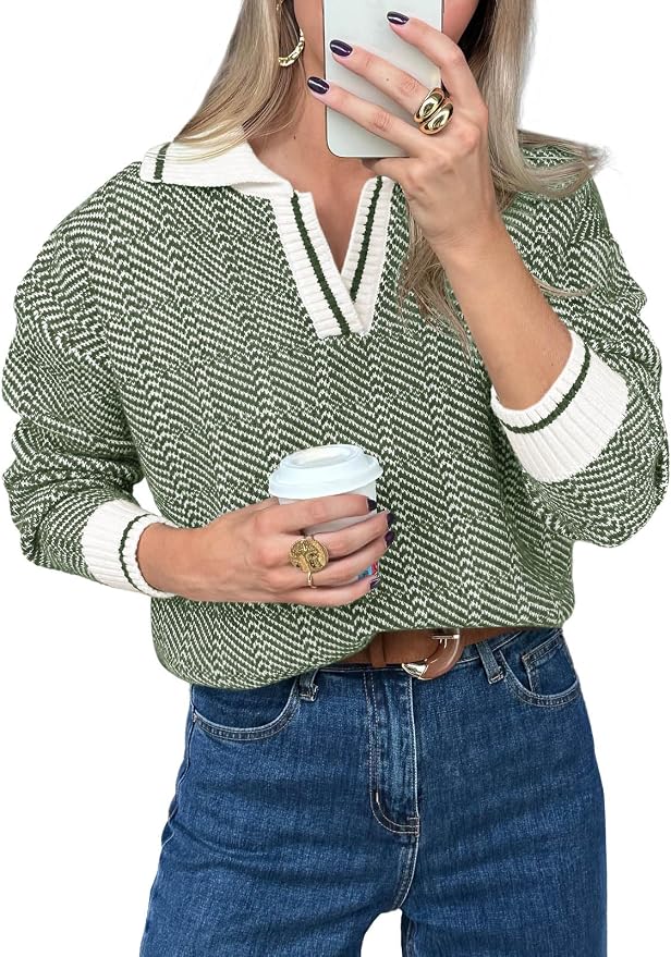 Saodimallsu Womens Fall Sweaters Tops Lapel V Neck Knit Color Block Shirt | Winter,Long Sleeve,Casual,Soft,Pullover,Cozy,Ribbed,Ladies,Chunky,Warm Sweaters,Checkered,Tunic,Work