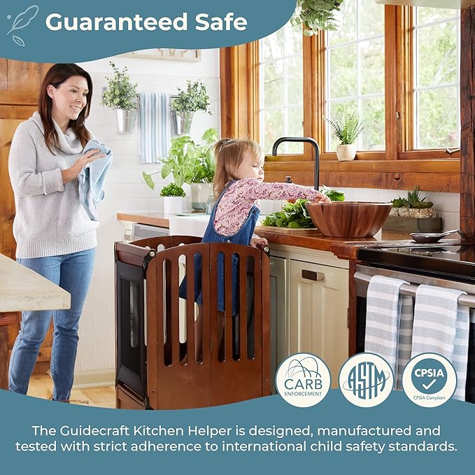 Guidecraft Kitchen Helper® Toddler Tower Step Stool - Contemporary - White: Folding Adjustable Height Montessori Wooden Learning Furniture with Keepers
