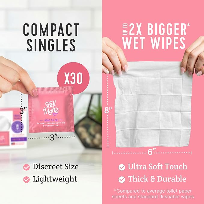 Stall Mates Feminine Fresh - Flushable Wipes, Individually Wrapped Cleansing Travel Friendly PH balanced Unscented with Sunflower, Rosemary and Aloe (30 on-the-go singles)