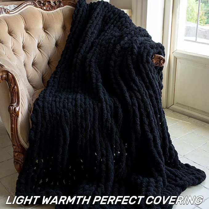Chunky Knit Blanket - Luxury Soft Cozy 40 * 50 Throw Blanket,100% Woven Blanket Rope Knot Throw Blanket for Couch, Sofa, Home Decor, Gift - Machine Washable（Black）