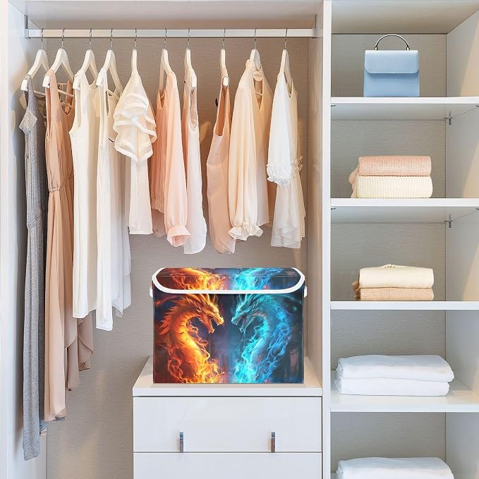 Fire and Ice Dragon Storage Bins with Lids and Carrying Handle,Foldable Storage Boxes Organizer Containers Baskets Cube with Cover for Home Bedroom Closet Office