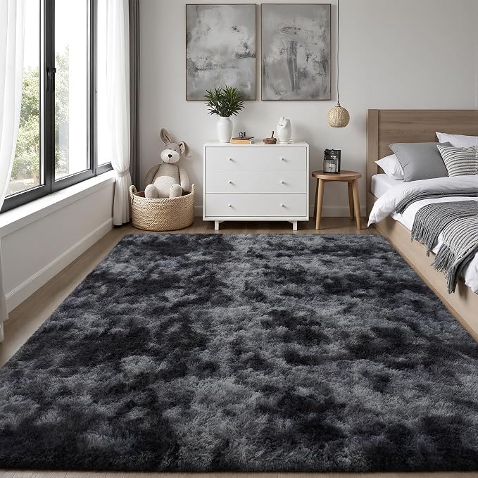 Area Rug for Living Room Bedroom: 5x7 Black Grey Soft Fluffy Shag Upgrade Non-Slip High Pile Carpet Large Fuzzy Plush Indoor Floor Decor Shaggy Rug for Kid Boys Girls Playroom Nursery Modern Home