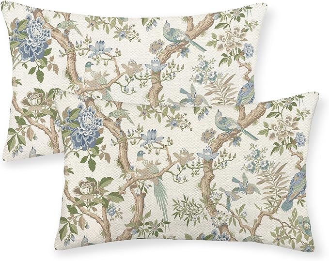 Blue Green Floral Bird Pillow Covers 12x20 Set of 2 Chinoiserie Throw Pillows Green Vintage Flowers Bird Decorative Pillow Cases Outdoor Farmhouse Lumbar Decor Cushion Case for Couch Sofa