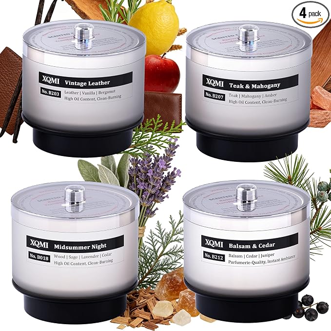 Smart Scented Candle Set Replaceable Refill with smart chip, Balsam & Cedar/Teak & Mahogany/Vintage Leather/Midsummer Night, 4.25 * 4oz Large Jar with up to 35 * 4 Hour Burn, Giftable