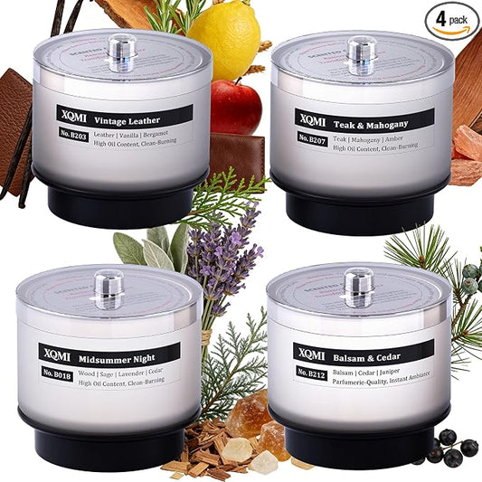 Smart Scented Candle Set Replaceable Refill with smart chip, Balsam & Cedar/Teak & Mahogany/Vintage Leather/Midsummer Night, 4.25 * 4oz Large Jar with up to 35 * 4 Hour Burn, Giftable
