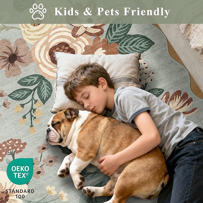 DUKINO 2x8 Washable Runner Rug, Floral Non Slip Kitchen Rugs, Sage Green | Low Pile, Soft Throw Rug Runner for Hallway, Entryway, Bedroom, Bathroom, Pet Friendly, Stain Resistant, Home Decor