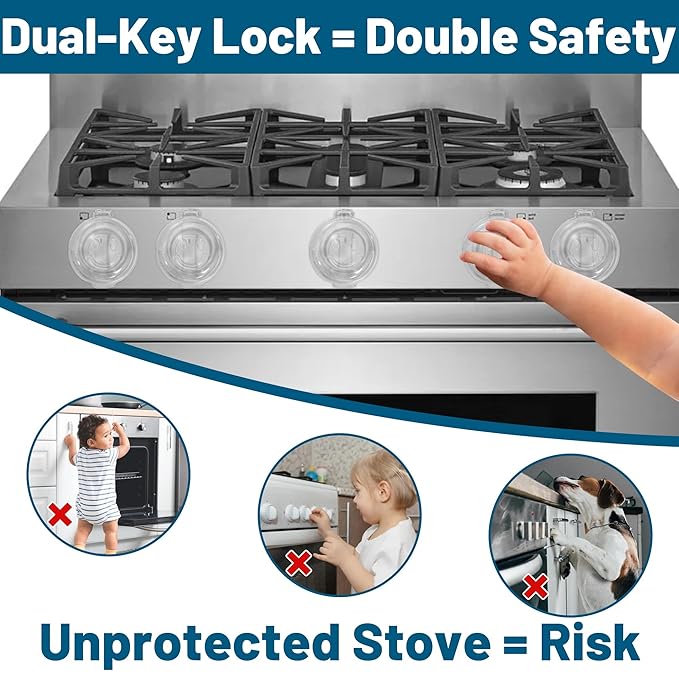 Childproof Stove Knob Safety Covers, Oven Knob Covers for Child Safety 5 Pack, Clear Stove Knob Covers & Gas Stove Locks, Heat-Resistant Adhesive,Double-Key Baby Proof Covers for Gas/Electric Burners