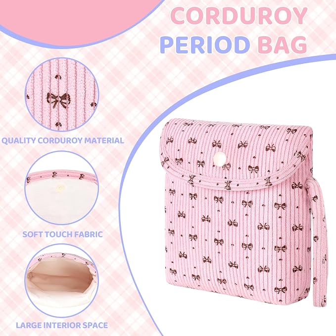 Bow Corduroy Sanitary Pad Pouch Soft Discreet Pad Bags for Period for Women Cute Nursing Pad Holder Menstrual Cup Tampon Pouch First Period Gift Feminine Bag (Pink)
