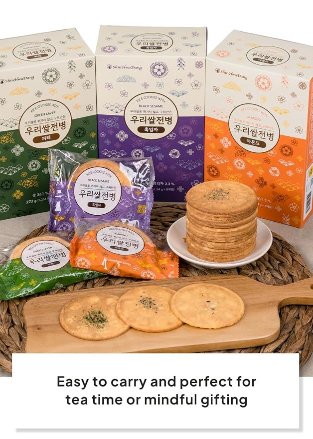 Korean Food Shinwhadang Rice Wafer Snacks, Almond Flavor, Crispy, 6Pk 9.6oz | Oven-baked Korean rice crackers with almond flavor and a light, crispy texture