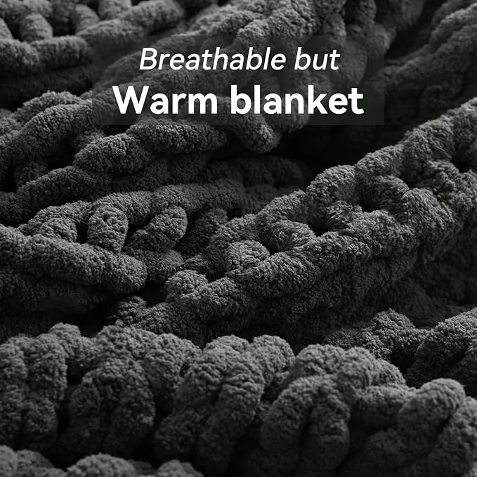 Negwoo Chunky Knit Throw Blanket, Knitted Throw Chenille Yarn, 50"*60" | Soft Thick Cable Knitted Blankets, Handmade Big Thick Blanket, Machine Washable Cute Comfy Blanket for Home Decor, Dark grey