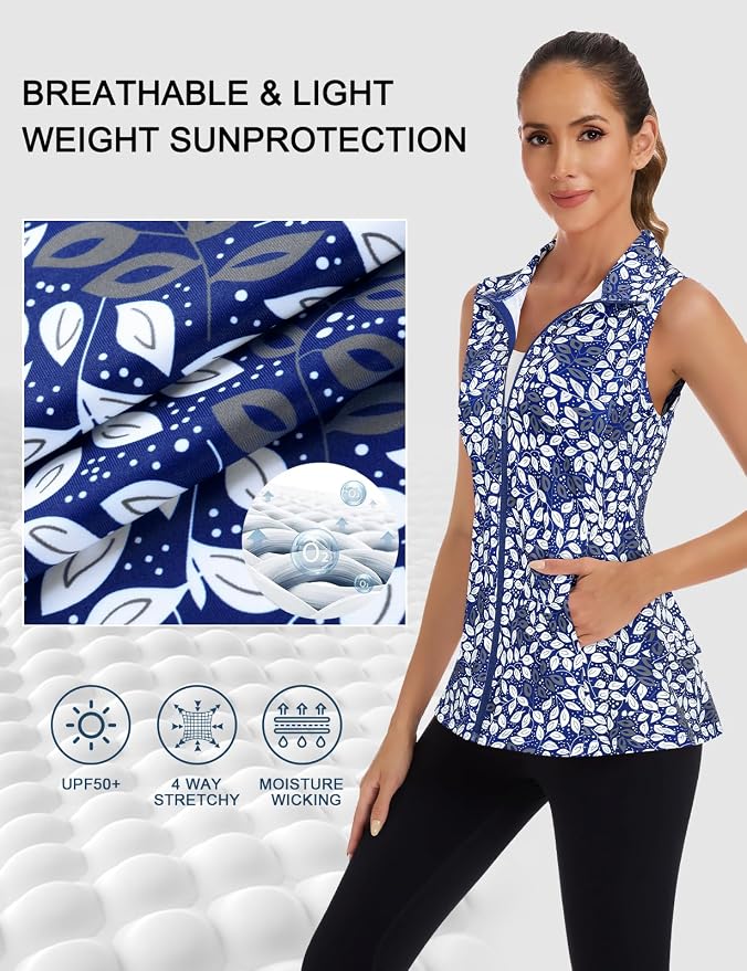 Women's Golf Vest with Pleated Tennis Skirt Hem Lightweight Full Zip Sleeveless Athletic Shirts with Pockets