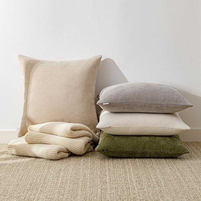 a moment Pack of 2 Decorative Chenille Throw Pillow Covers with Twill Cushion Covers for Sofa Living Room Couch Bed 24x24 Inch Beige