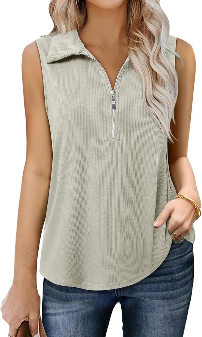 Vivilli Womens Ribbed Tank Top Zipper V Neck Dressy Casual Blouses Sleeveless Camisole Tops Work Tank Polo Shirts