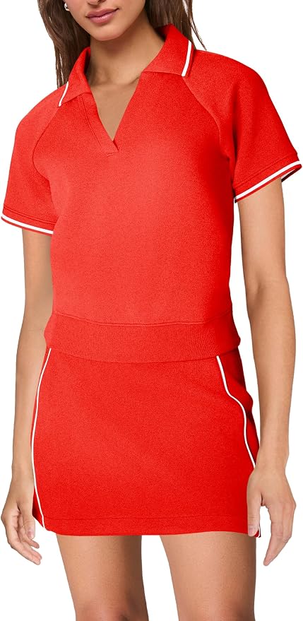 Womens Workout Sets 2 Piece Outfits V Neck Short Sleeve Polo Shirt and Tennis Skort Set with Pockets