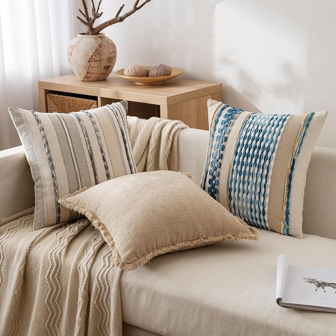 ANRODUO Boho Decorative Throw Pillow Covers Sky Blue Stripe 20x20 Pack of 2 | Throw Pillow Covers, Farmhouse Cushion Case, Chenille Pillow Cases, Coastal throw pillows, Neutral Pillowcase for Couch Bed