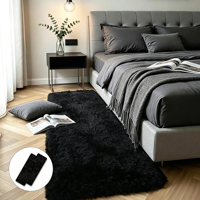 Black Fluffy Shag Rug 2x6, 2 Pcs Soft Plush Fuzzy Washable Non Slip | Modern comfy furry shaggy carpet for bedroom, living room, kids room, nursery, dorm, boys and girls