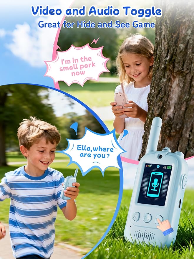 Upgraded Kids Video Walkie Talkies with Real-Time Two-Way Video, No WiFi or App Required, Long Range Outdoor Up to 1600FT, Rechargeable Video Intercom Toy for Boys & Girls Ages 3–12 (Blue & Pink)